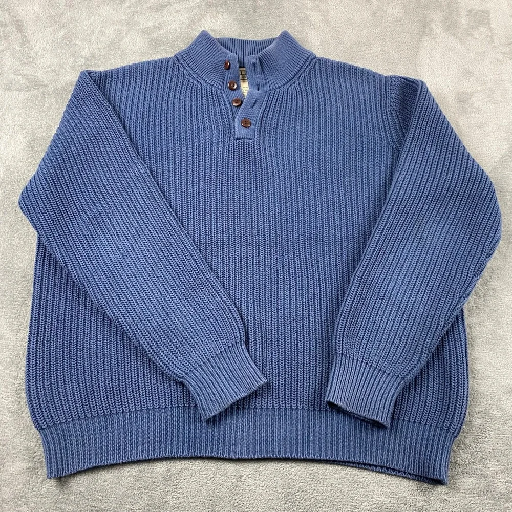Vtg LL Bean Mens L Sweater Blue Cotton Shaker Stitch Mock Neck Quarter Button